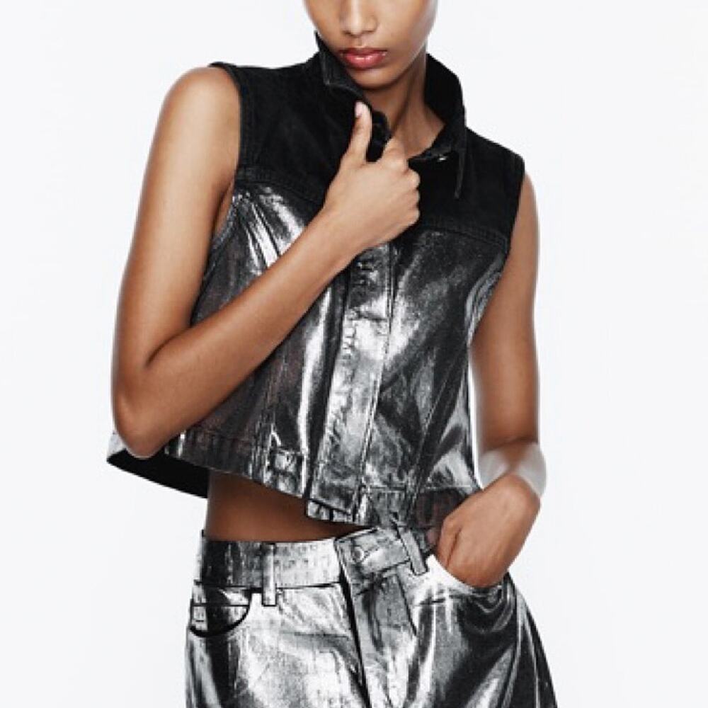 ZARA Black Silver Metallic Coated Cropped Denim Vest Size L